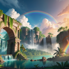 Lush Jungle Scene with Stone Arches, Waterfalls, and Rainbow