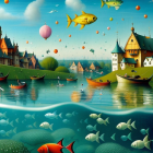 Illustration of Floating Village with Castles, Churches, and Flying Fish