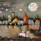 Colorful Village Painting with Stylized Houses and Moonlit River