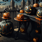 Gothic Halloween balcony with jack-o'-lanterns, candlelight, and moonlit cast