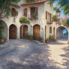 Tranquil Mediterranean courtyard with archways, flowers, lanterns, and plants