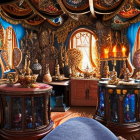 Fantastical study room with warm lighting and ornate wooden furniture