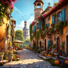 Picturesque cobblestone street with orange stucco houses, flowers, and church tower.