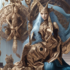 Ornate regal female figures with intricate headdresses and detailed gowns in fantastical backdrop