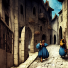 Historical European cobblestone street with illuminated buildings and figures in cloaks