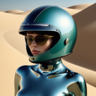 Reflective helmet and suit against sand dunes backdrop with sunglasses