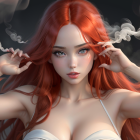 Illustration of woman with red hair and expressive eyes surrounded by white smoke