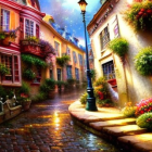 Charming cobblestone street with colorful houses and greenery