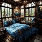 Vintage Bedroom with Chandeliers and Snowy Landscape View