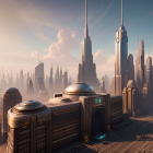 Futuristic cityscape with towering skyscrapers in warm sunlight