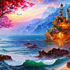 Illuminated castle on hillside by the sea with ships & mountains