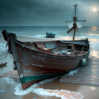 Weathered wooden boat on rainy beach with seagulls, turbulent waves, and gloomy sky