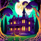 Spooky haunted house illustration with twisting staircase and floating ghosts