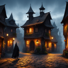 Mystical cloaked figure in dimly lit medieval village at night