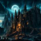 Gothic cityscape at night with towering spires under a large moon