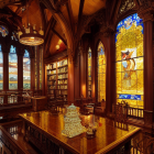 Opulent Gothic library with dark wood bookcases and stained glass windows