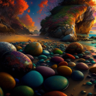 Colorful Dusk Beachscape with Patterned Eggs, Hot Air Balloons, and Lit Tree