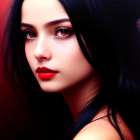 Digital artwork featuring woman with red lips, detailed eyes, and dark hair on crimson backdrop