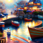 Colorful Watercolor Painting: Seaside Village, Colorful Houses, Boats, Starry Night