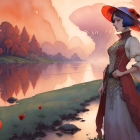 Vintage Attired Woman by Lake with Poppies and Oriental Buildings at Sunset