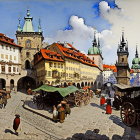 European cobblestone street with colorful buildings and greenery