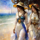 Vintage elegant women in flowing dresses by scenic water and tower.