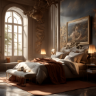 Spacious bedroom with natural light, large bed, ornate furniture, dragon head mount, paintings,