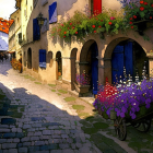 Whimsical fantasy landscape with round doorways, cobblestone path, and purple flowers