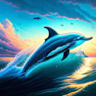 Colorful Dolphin Leaping from Ocean with Lighthouse and Sunset Sky