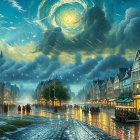 Whimsical town scene with starry night sky, snow-covered streets, classical buildings, pedestrians,