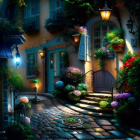 Cozy cobblestone alley with lantern-lit houses and flowers at dusk