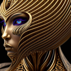 Futuristic golden robotic head with wire-like structures on dark background