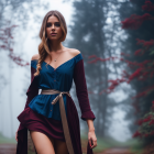 Woman in Blue and Burgundy Outfit in Misty Forest