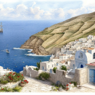 Scenic coastal village: white buildings, blue domes, boats on serene sea