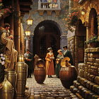 Nostalgic painting of people in vintage attire on cobblestone street