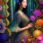 Colorful digital artwork: Woman with peacock features in floral setting