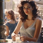 Two women at outdoor cafe, one with curly hair, one blurred in background