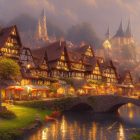 Twilight scene of storybook village with quaint houses, stone bridge, and castle