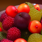 Colorful Display of Artificial Fruits: Red Strawberries, Green Grapes, and Tomatoes