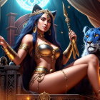 Blue-haired woman in golden armor with tiger beside lantern