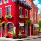 Colorful building with green plants and blue flowers under sunny sky.