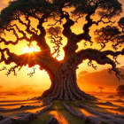 Majestic tree with broad trunk and twisting branches in serene sunset landscape