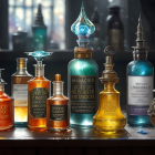 Ornate magical potion bottles with glowing contents on dimly lit shelves