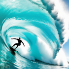 Surfer Riding Large Turquoise Wave Against Clear Sky