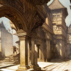 Fantasy courtyard with ornate buildings and archways