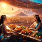 Two women in ancient attire at table in fantasy landscape with floating islands.