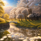 Tranquil landscape with dandelion-like trees, serene river, and blooming white flowers