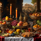 Opulent still life painting with fruits, goblets, and candles in elegant room