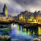 Colorful Mediterranean Village Painting at Twilight