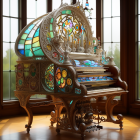 Grand Piano with Stained Glass Detailing in Sunlit Room